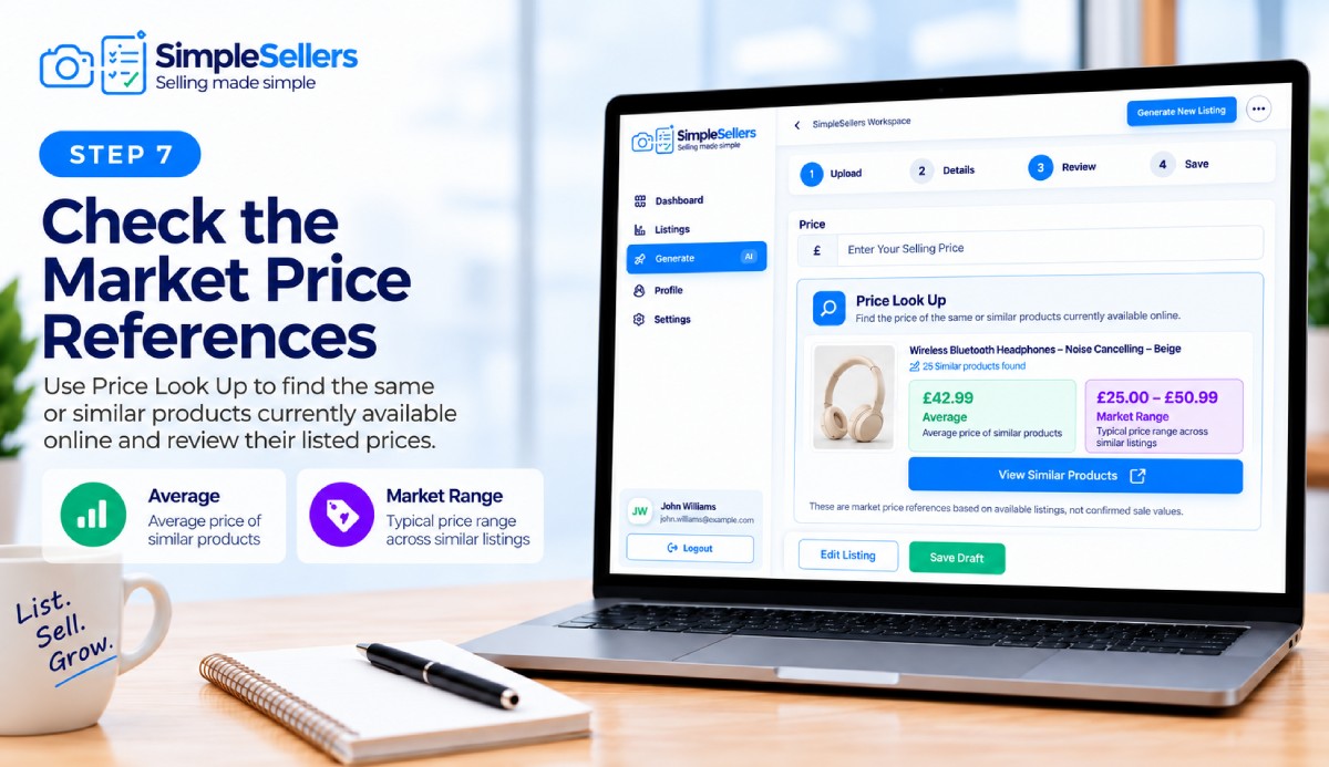 Check average prices and market ranges for similar products using SimpleSellers Price Look Up