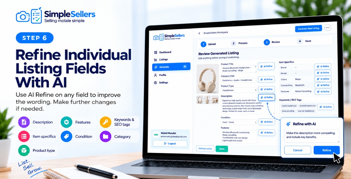 Refine individual eBay listing fields using SimpleSellers AI