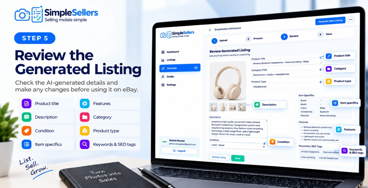Review AI-generated eBay listing details, including title, description and item specifics