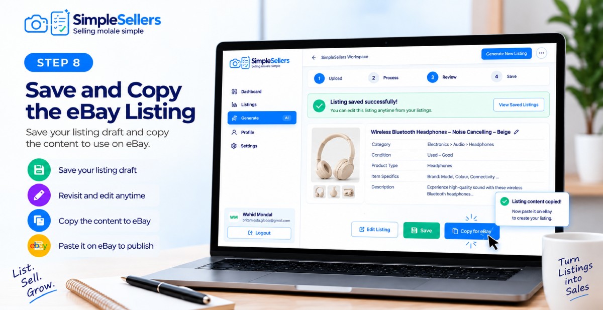 Save an editable eBay listing draft and copy the content to eBay